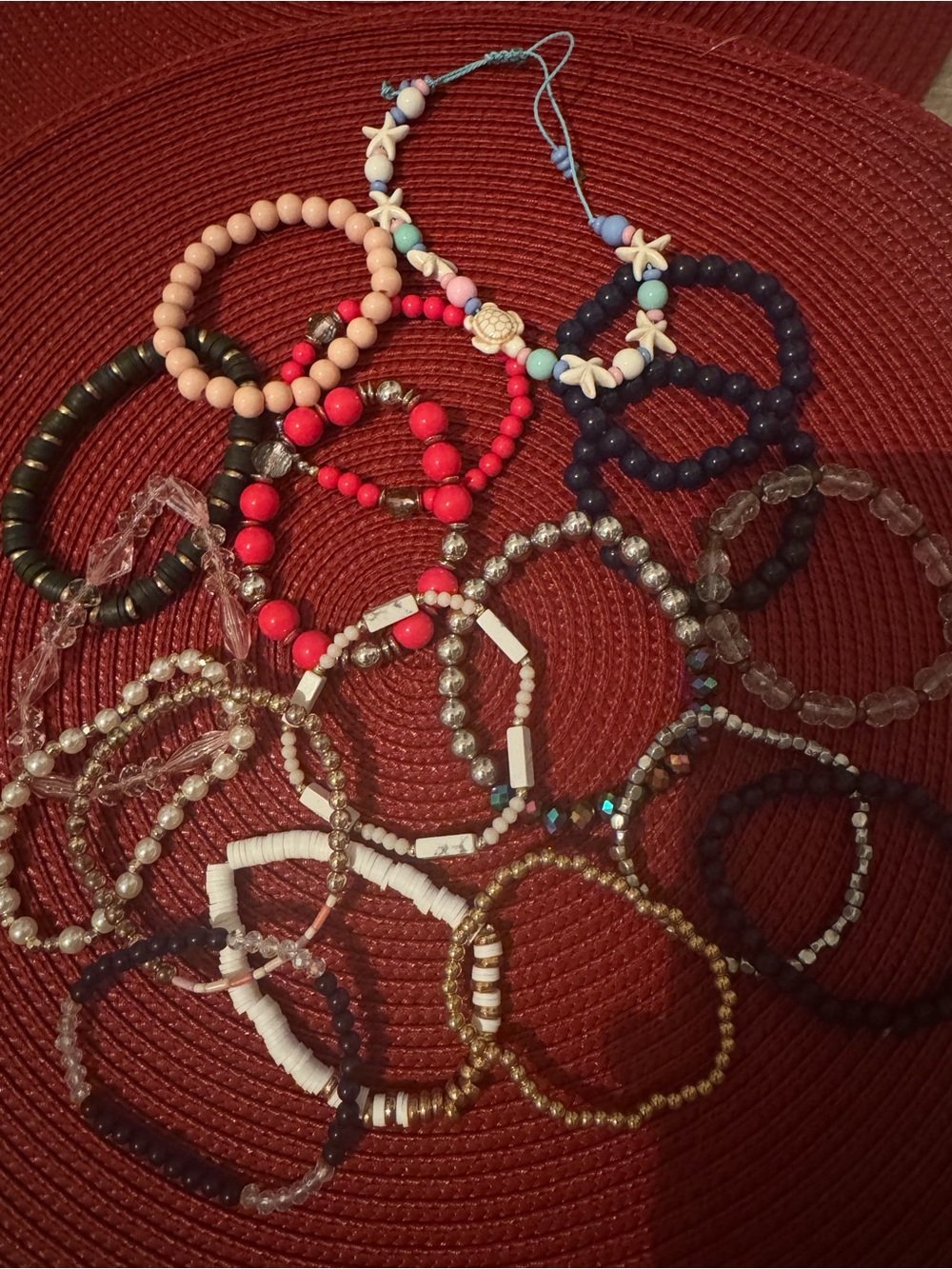 Mixed Beaded Stretch Bracelets Set - Pink, Red, Navy, Gold, Clear